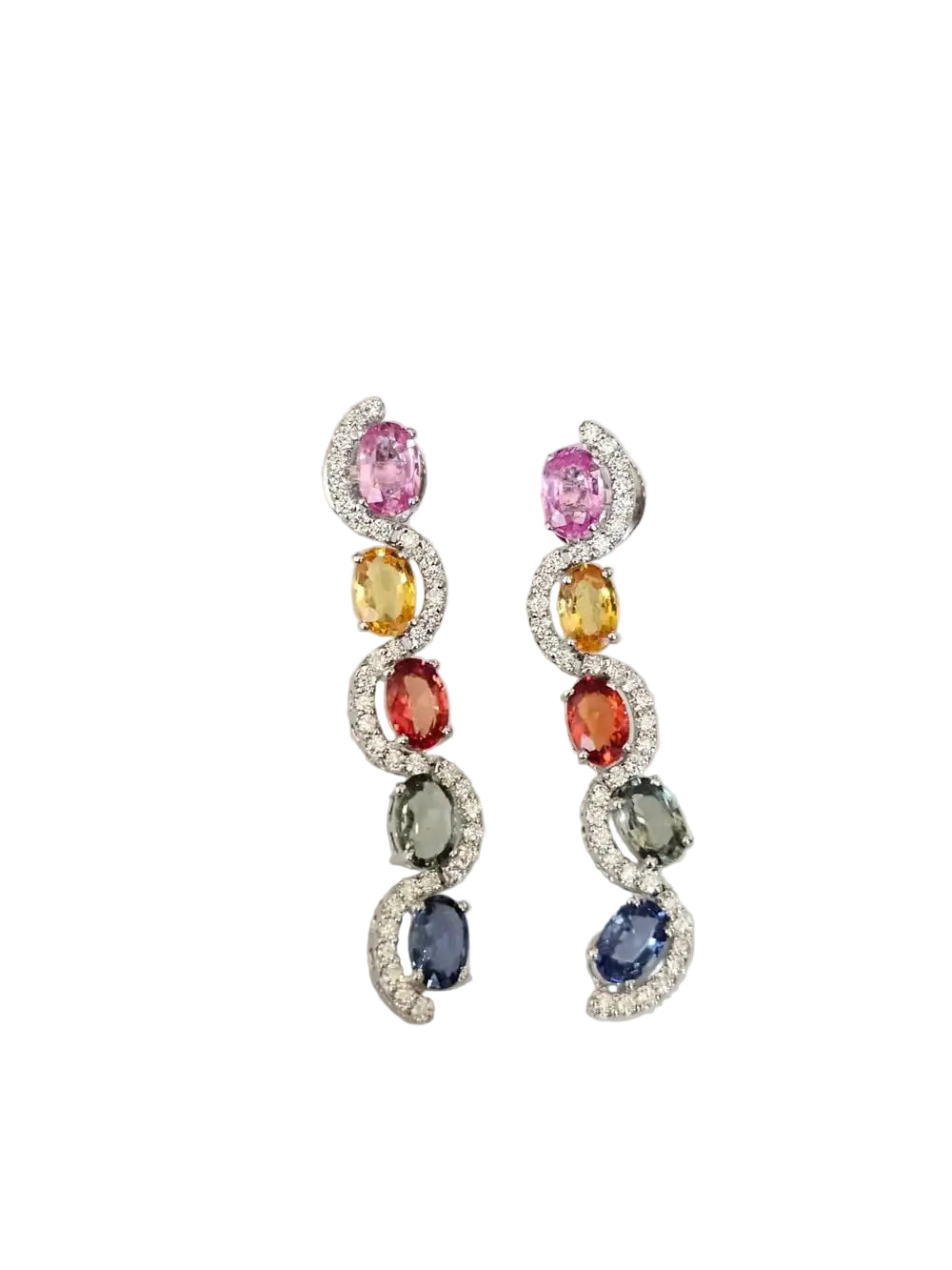 Natural Multi Sapphire Gemstone Dangle Earrings - 18k White Gold Diamond Earrings