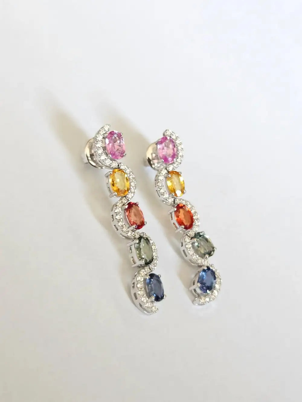 Natural Multi Sapphire Gemstone Dangle Earrings - 18k White Gold Diamond Earrings