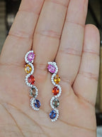 Natural Multi Sapphire Gemstone Dangle Earrings - 18k White Gold Diamond Earrings