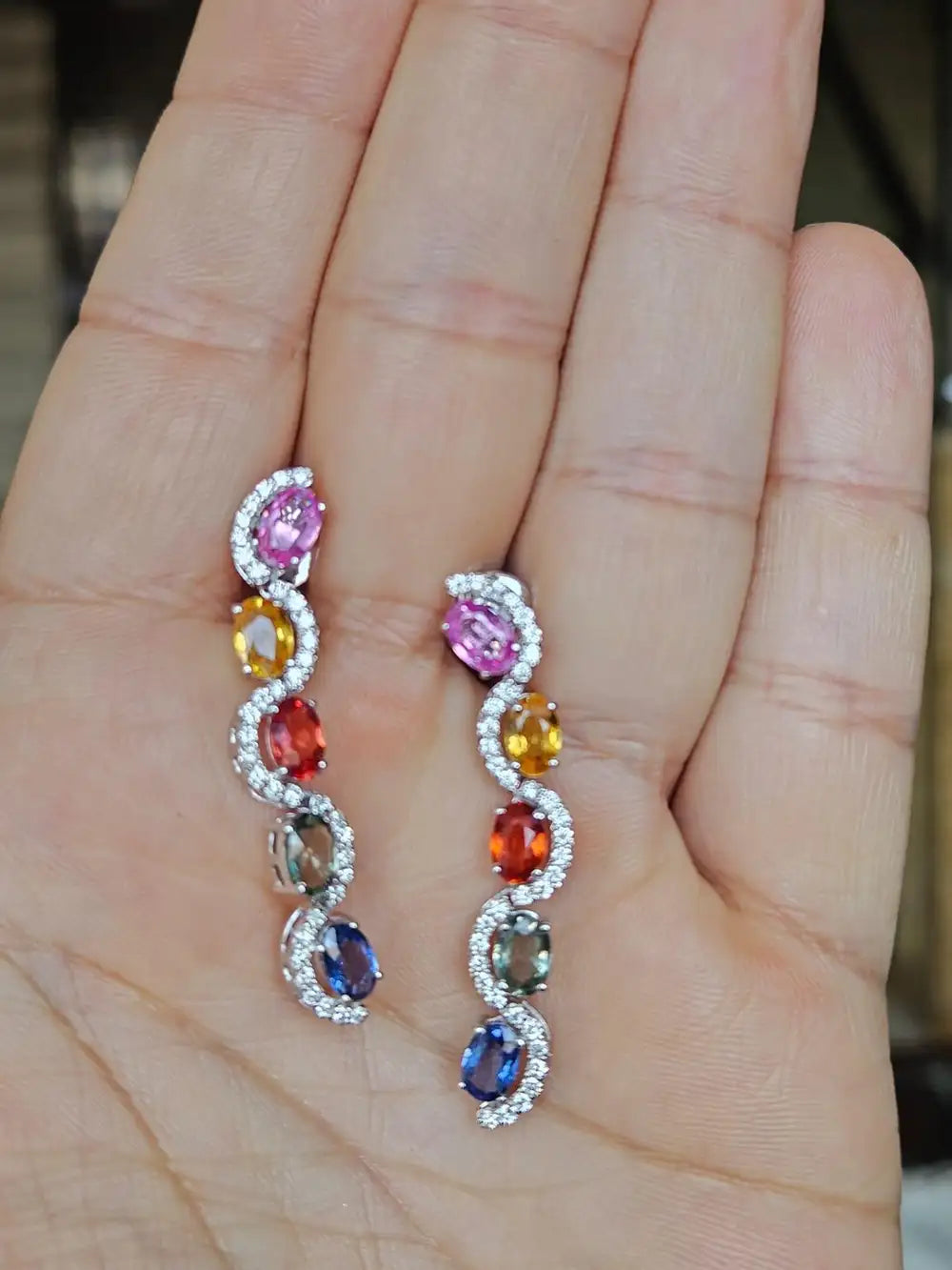 Natural Multi Sapphire Gemstone Dangle Earrings - 18k White Gold Diamond Earrings
