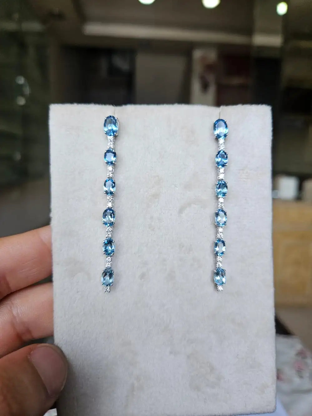 18k White Gold Diamond Dangle Earrings - Natural Aquamarine Gemstone Dangle Earrings