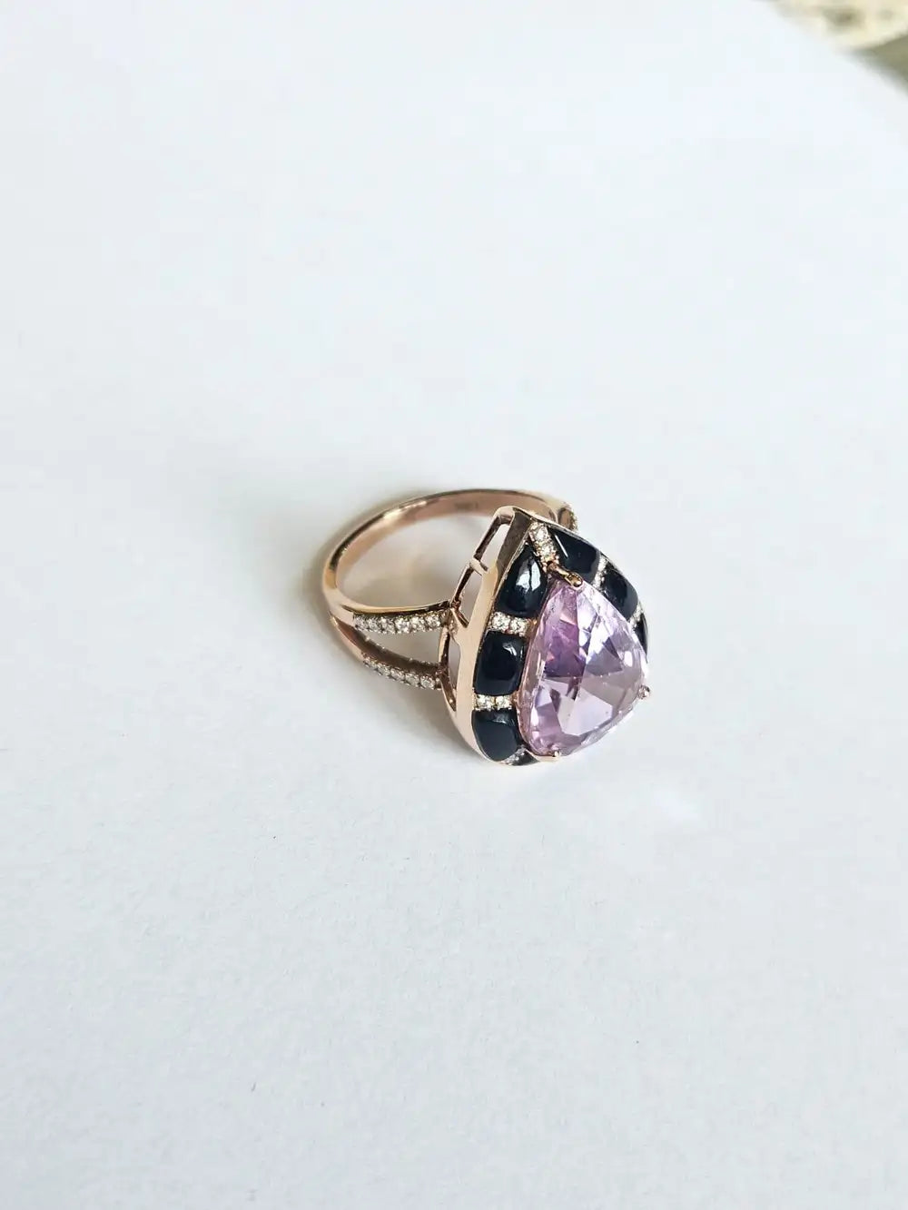 Natural Kunzite & Black Onyx Cocktail Ring - 18k Rose Gold Diamond Handmade Ring