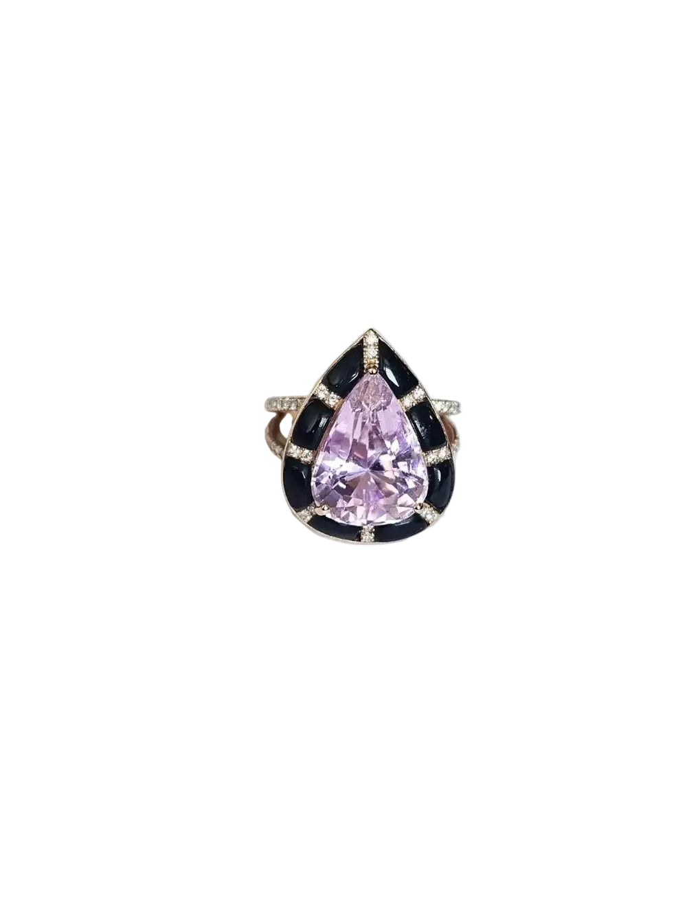 Natural Kunzite & Black Onyx Cocktail Ring - 18k Rose Gold Diamond Handmade Ring