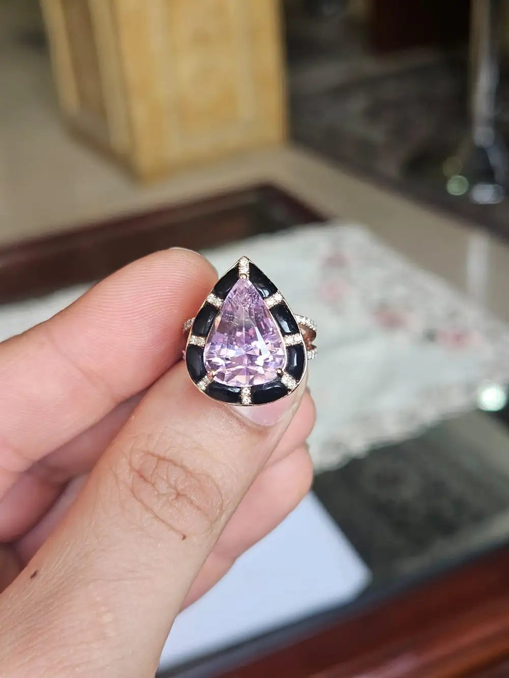 Natural Kunzite & Black Onyx Cocktail Ring - 18k Rose Gold Diamond Handmade Ring