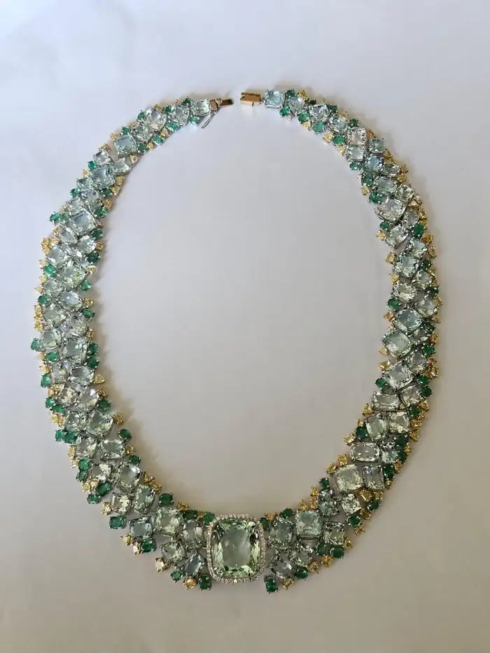Natural Aquamarine & Zambian Emerald Necklace - 18k White Gold & Yellow Diamond Necklace