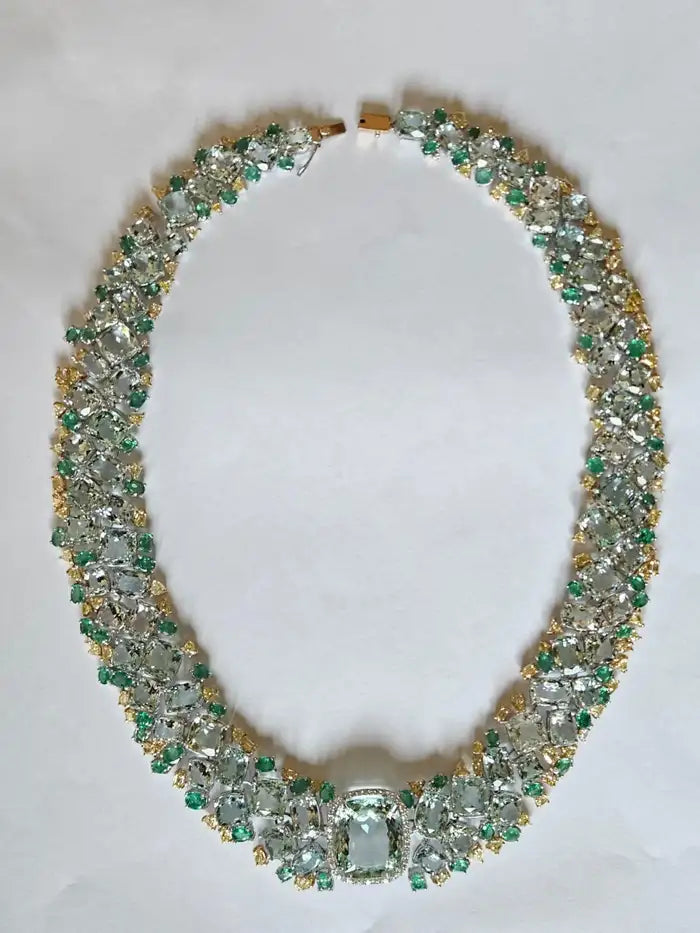 Natural Aquamarine & Zambian Emerald Necklace - 18k White Gold & Yellow Diamond Necklace