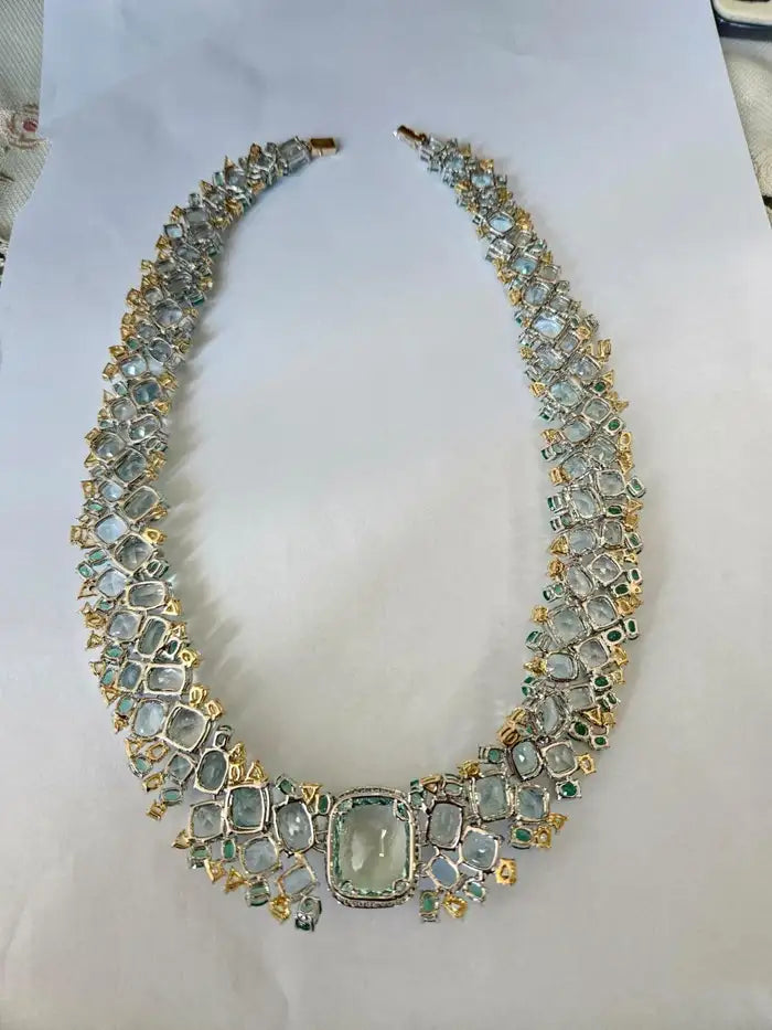 Natural Aquamarine & Zambian Emerald Necklace - 18k White Gold & Yellow Diamond Necklace