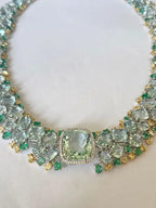 Natural Aquamarine & Zambian Emerald Necklace - 18k White Gold & Yellow Diamond Necklace