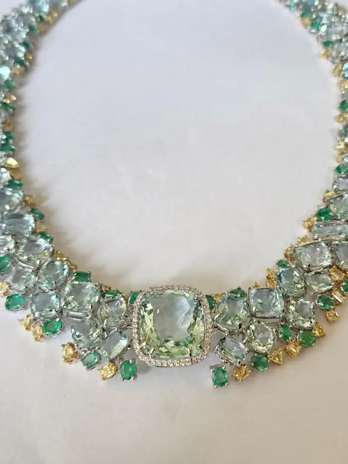 Natural Aquamarine & Zambian Emerald Necklace - 18k White Gold & Yellow Diamond Necklace