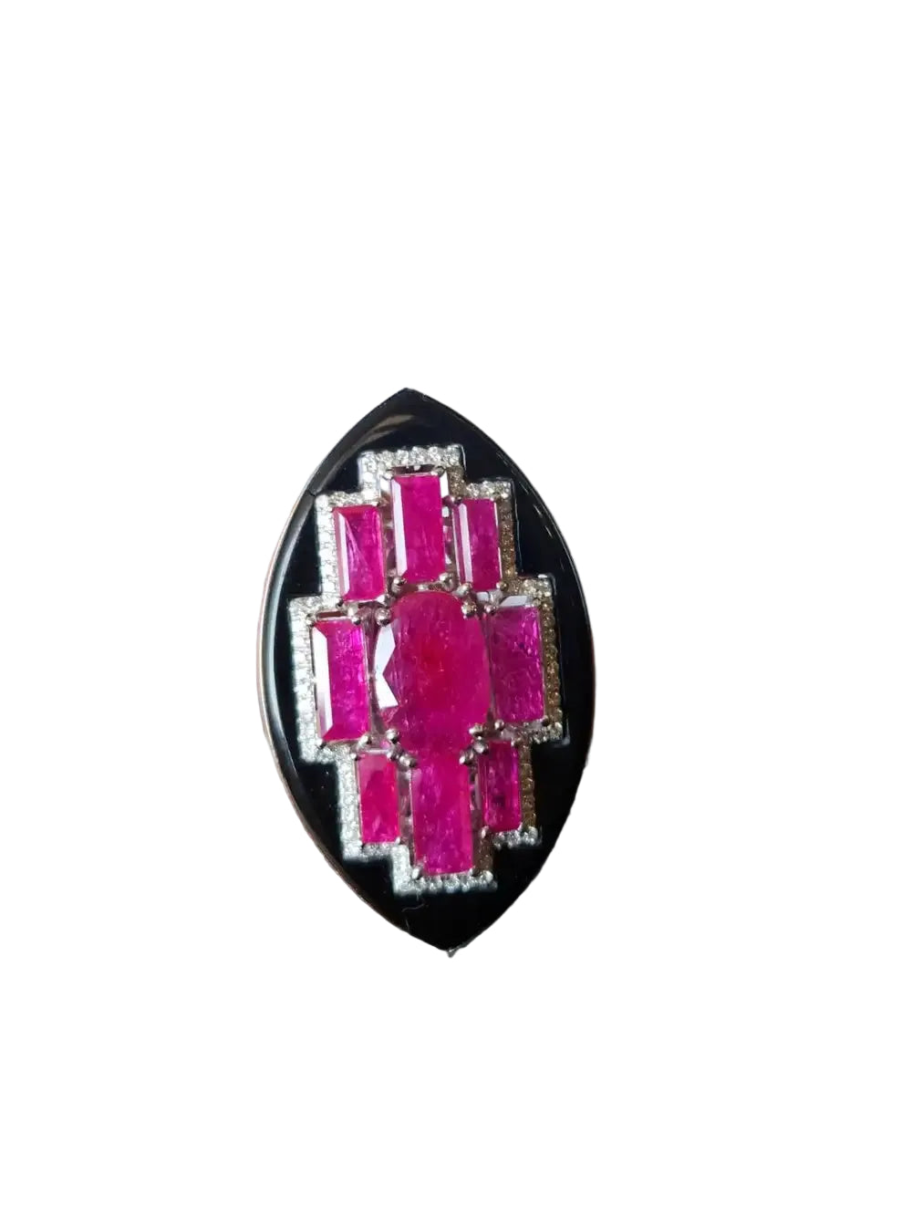 Natural Mozambique Ruby & Black Onyx Gemstone Ring - 18k White Gold Diamond Cocktail Ring