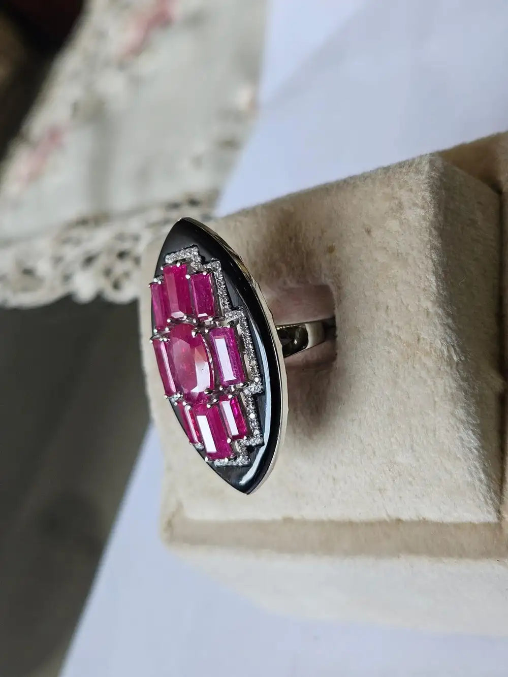 Natural Mozambique Ruby & Black Onyx Gemstone Ring - 18k White Gold Diamond Cocktail Ring