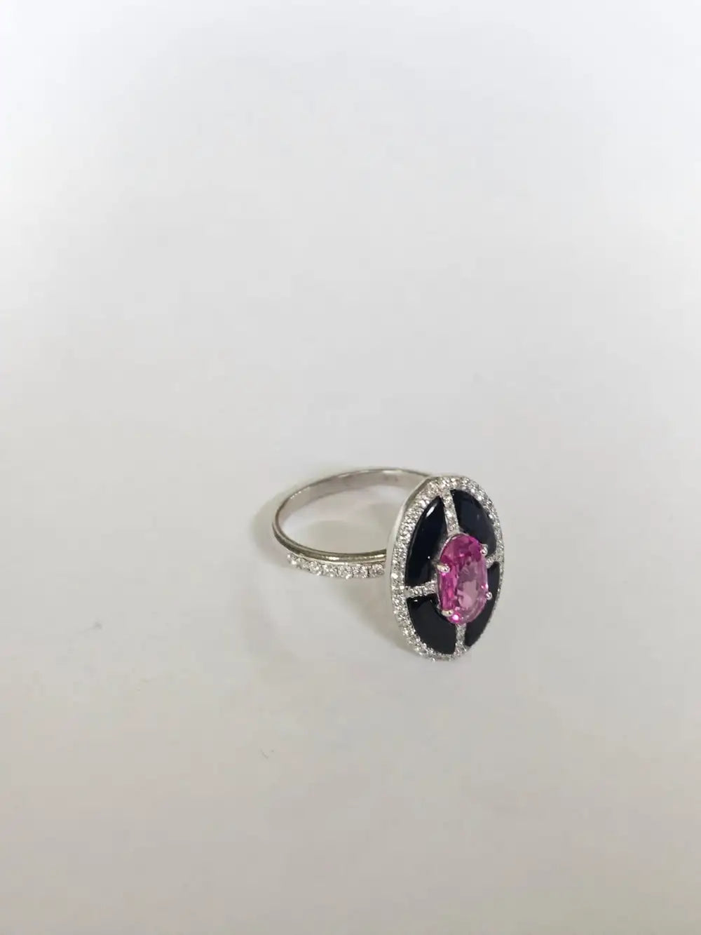 Natural Mozambique Ruby & Black Onyx Ring - 18k White Gold Diamond Ring