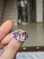 18k White Gold Diamond Ring - Natural Morganite & Tanzanite Gemstone Cocktail Ring