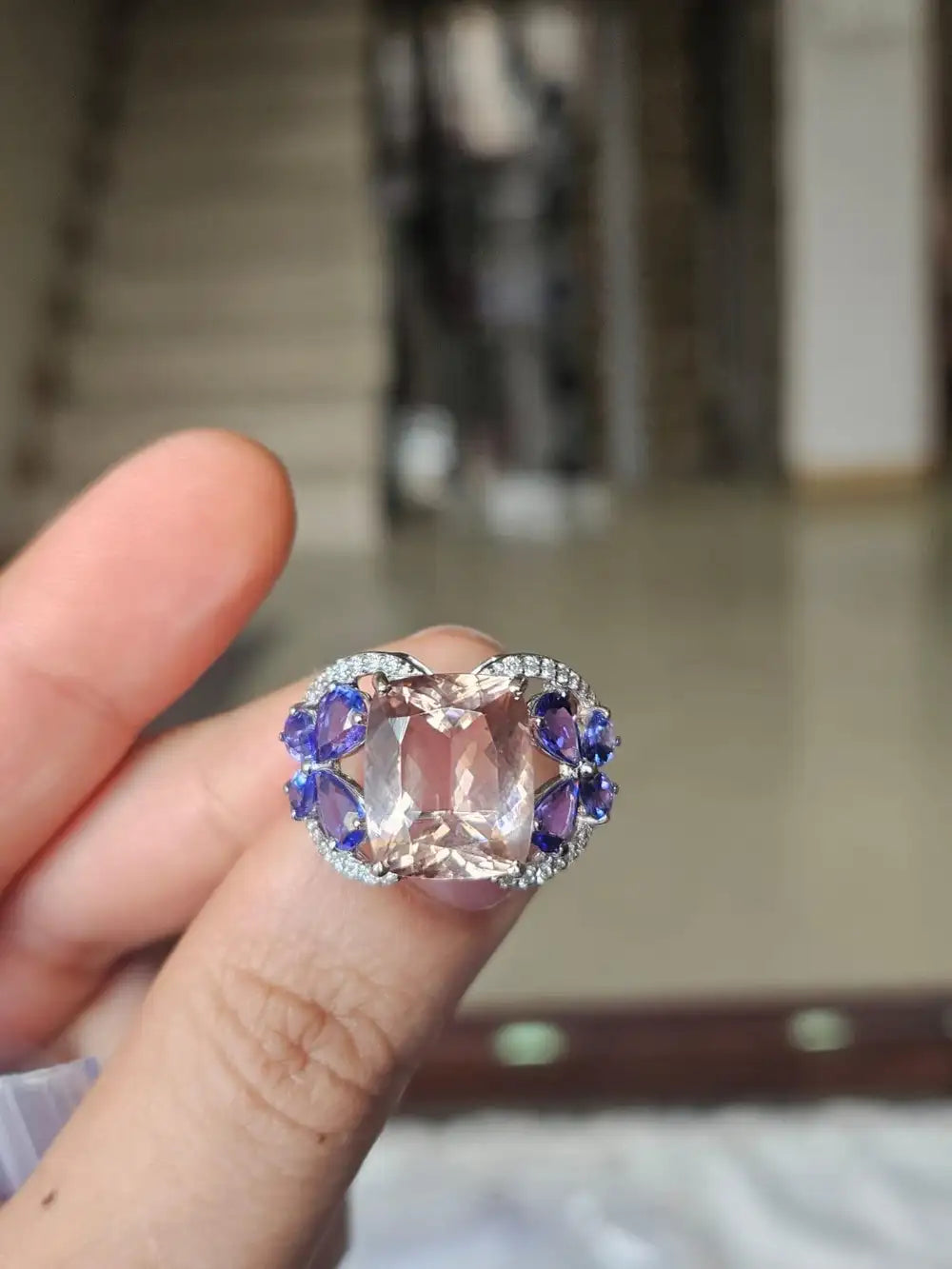 18k White Gold Diamond Ring - Natural Morganite & Tanzanite Gemstone Cocktail Ring