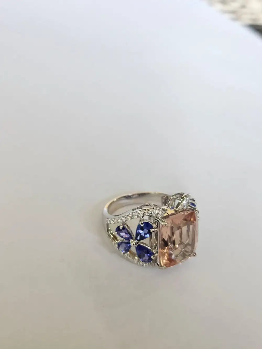 18k White Gold Diamond Ring - Natural Morganite & Tanzanite Gemstone Cocktail Ring