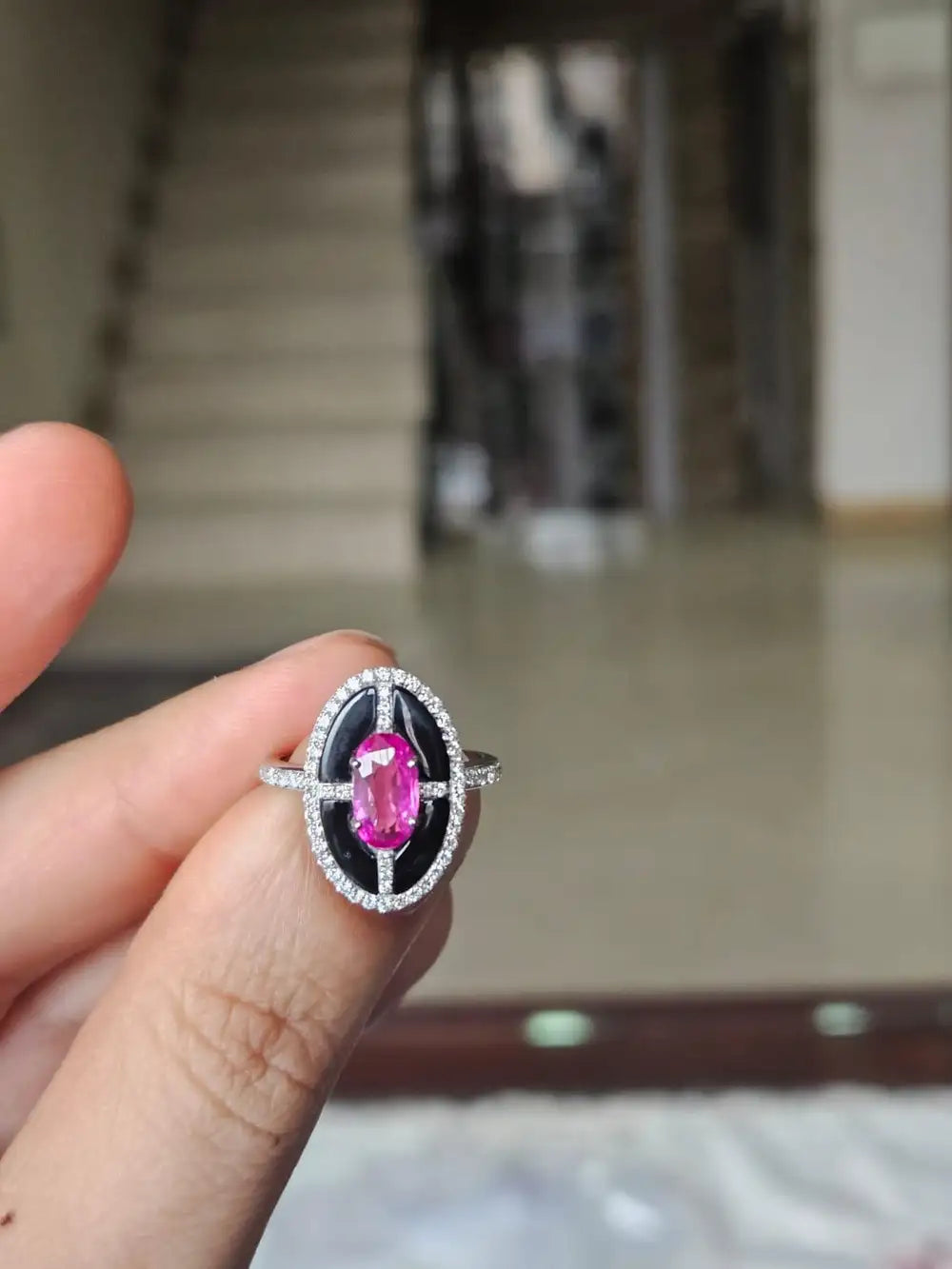 Natural Mozambique Ruby & Black Onyx Ring - 18k White Gold Diamond Ring