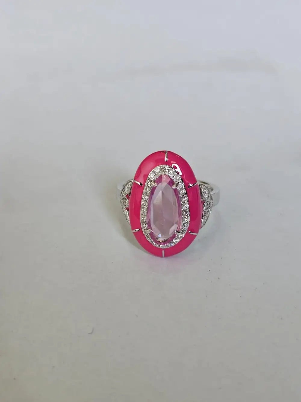 1.94 Ct. Pink Sapphire & Pink Enamel Ring - 18k White Gold Diamond Ring