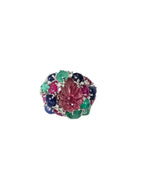 Natural Rubelite, Blue Sapphire, Ruby & Emerald Gemstone Cocktail Ring - 18k White Gold Diamond Ring