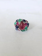 Natural Rubelite, Blue Sapphire, Ruby & Emerald Gemstone Cocktail Ring - 18k White Gold Diamond Ring