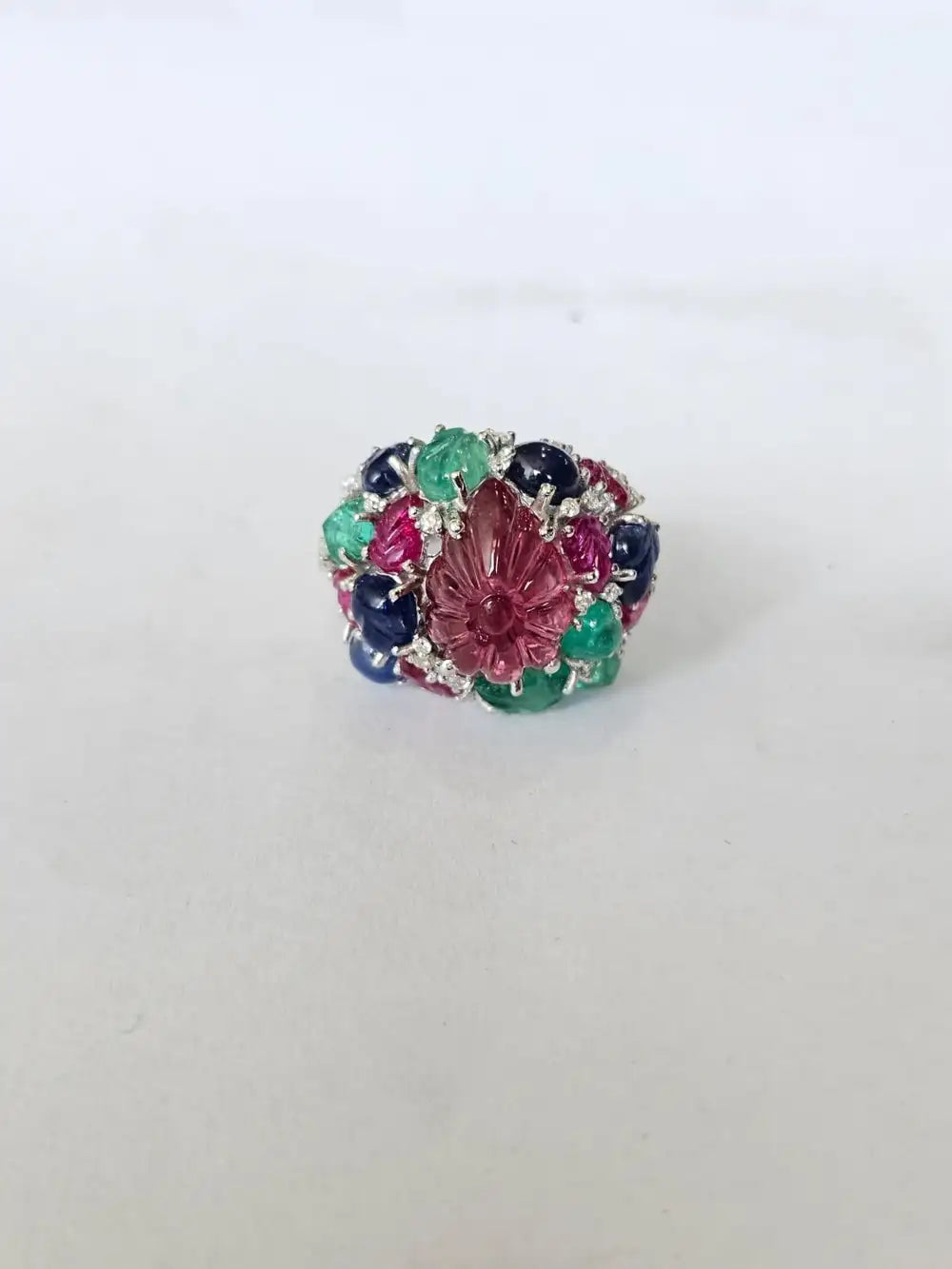 Natural Rubelite, Blue Sapphire, Ruby & Emerald Gemstone Cocktail Ring - 18k White Gold Diamond Ring