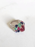 Natural Rubelite, Blue Sapphire, Ruby & Emerald Gemstone Cocktail Ring - 18k White Gold Diamond Ring