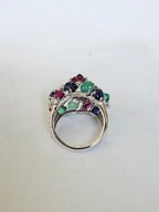 Natural Rubelite, Blue Sapphire, Ruby & Emerald Gemstone Cocktail Ring - 18k White Gold Diamond Ring