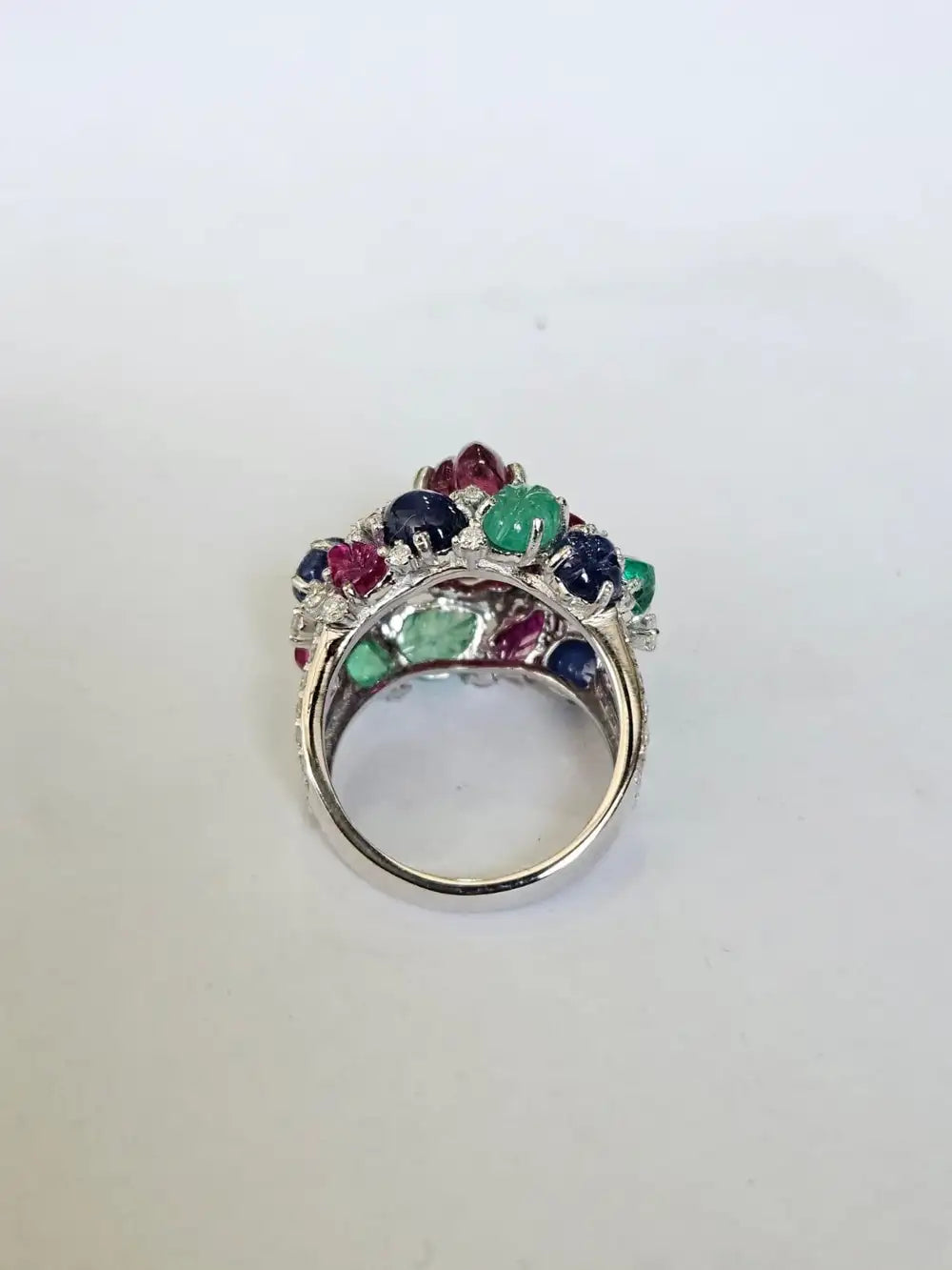 Natural Rubelite, Blue Sapphire, Ruby & Emerald Gemstone Cocktail Ring - 18k White Gold Diamond Ring