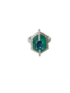 18k White Gold Diamond Cocktail Ring - Natural Zambian Emerald & Blue Sapphire Ring