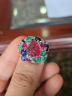 Natural Rubelite, Blue Sapphire, Ruby & Emerald Gemstone Cocktail Ring - 18k White Gold Diamond Ring
