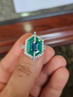 18k White Gold Diamond Cocktail Ring - Natural Zambian Emerald & Blue Sapphire Ring