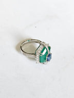 18k White Gold Diamond Cocktail Ring - Natural Zambian Emerald & Blue Sapphire Ring