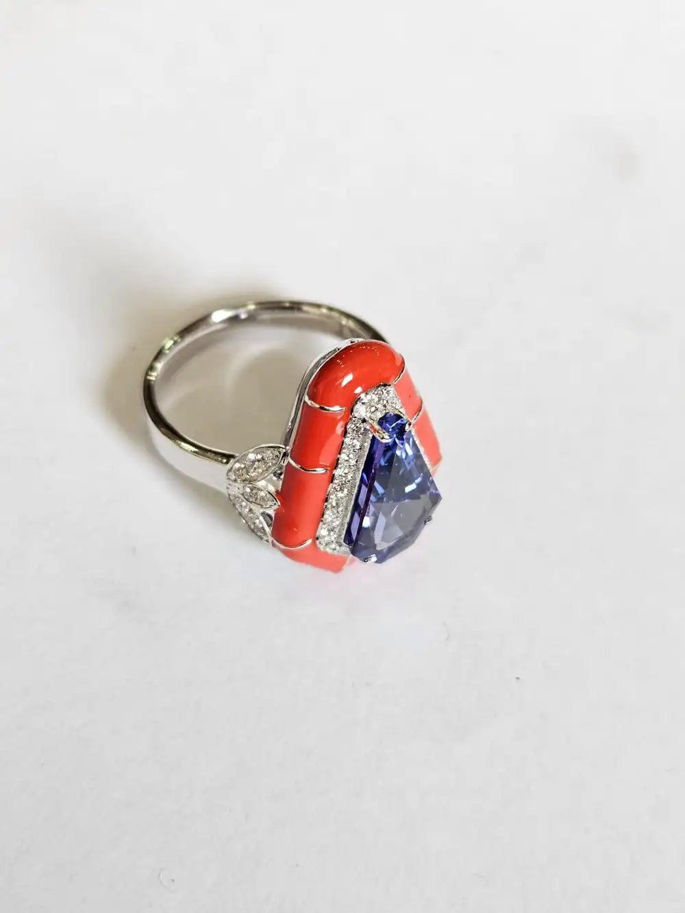 18k White Gold Diamond Ring - Natural Tanzanite & Orange Enamel Cocktail Ring