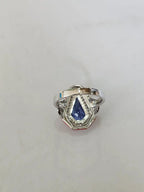 18k White Gold Diamond Ring - Natural Tanzanite & Orange Enamel Cocktail Ring