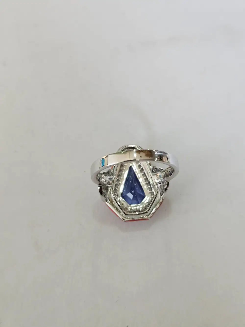 18k White Gold Diamond Ring - Natural Tanzanite & Orange Enamel Cocktail Ring