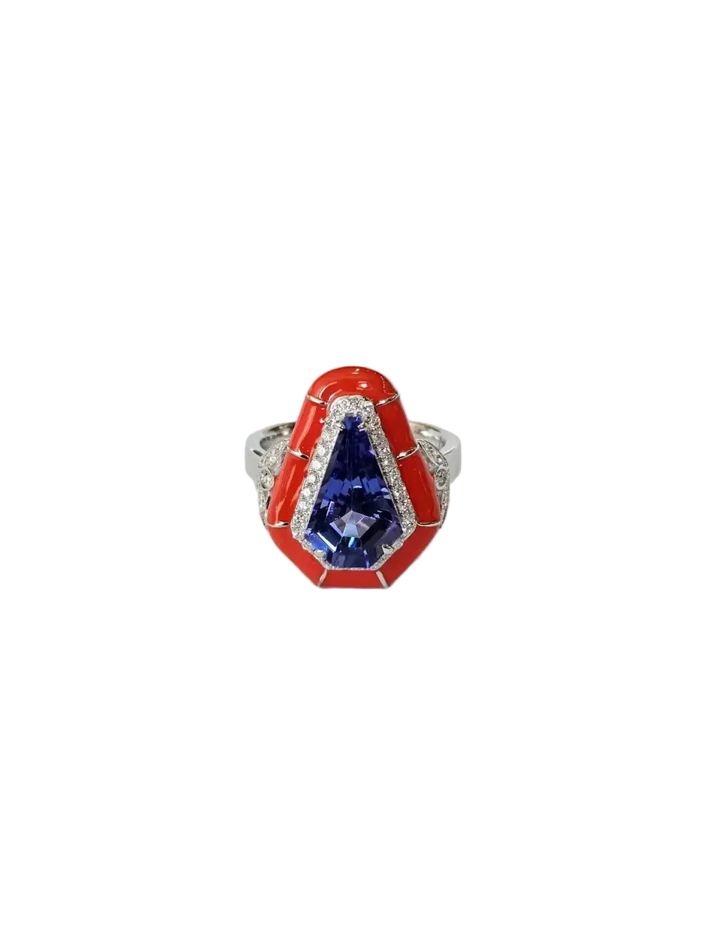 18k White Gold Diamond Ring - Natural Tanzanite & Orange Enamel Cocktail Ring