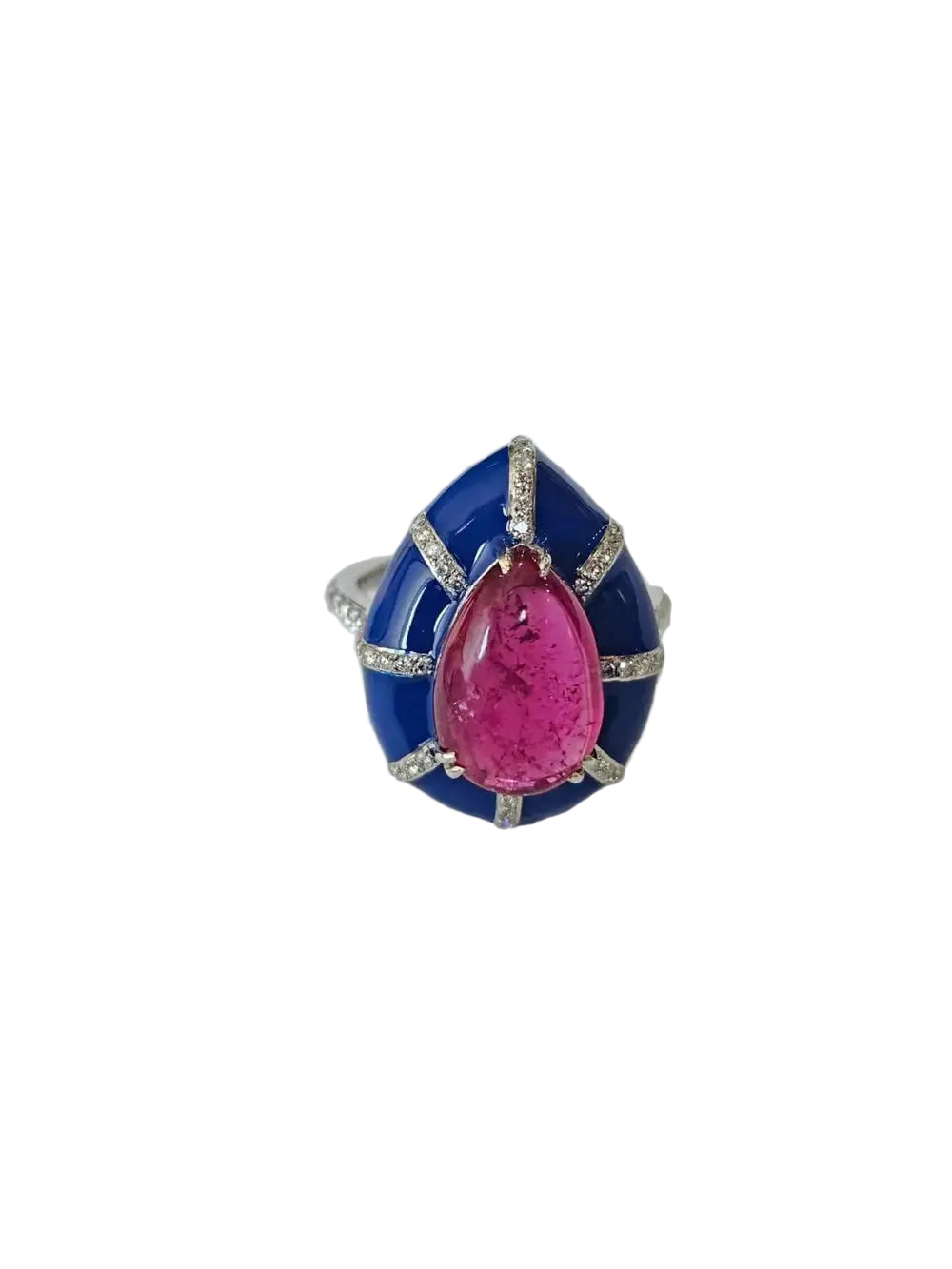Natural Rubellite & Blue Enamel Ring - 18k White Gold Diamond Handmade Dome Ring