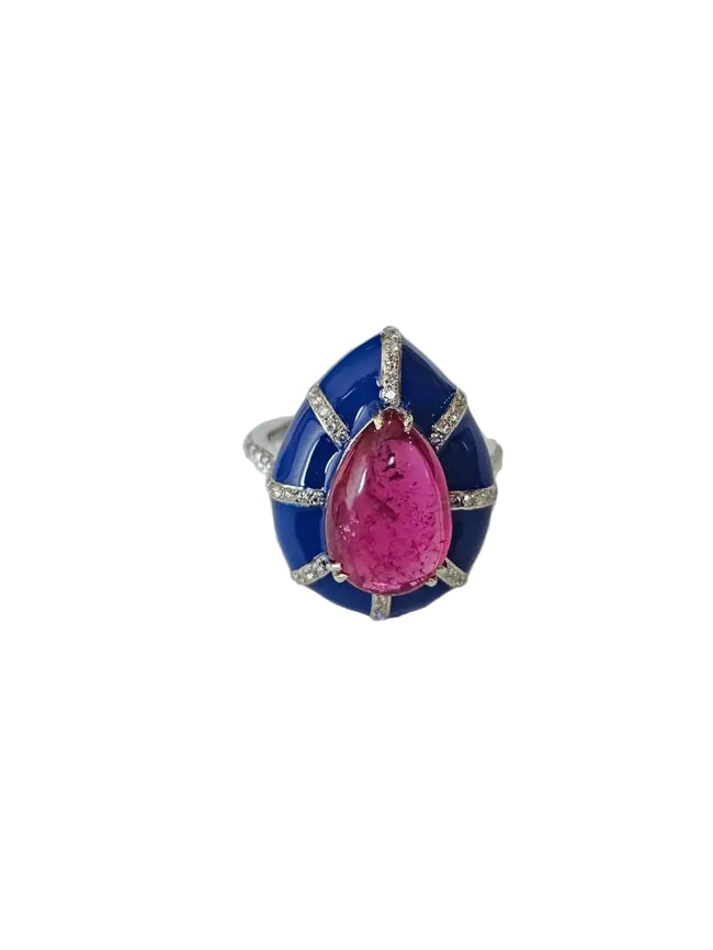 Natural Rubellite & Blue Enamel Ring - 18k White Gold Diamond Handmade Dome Ring Hover Image