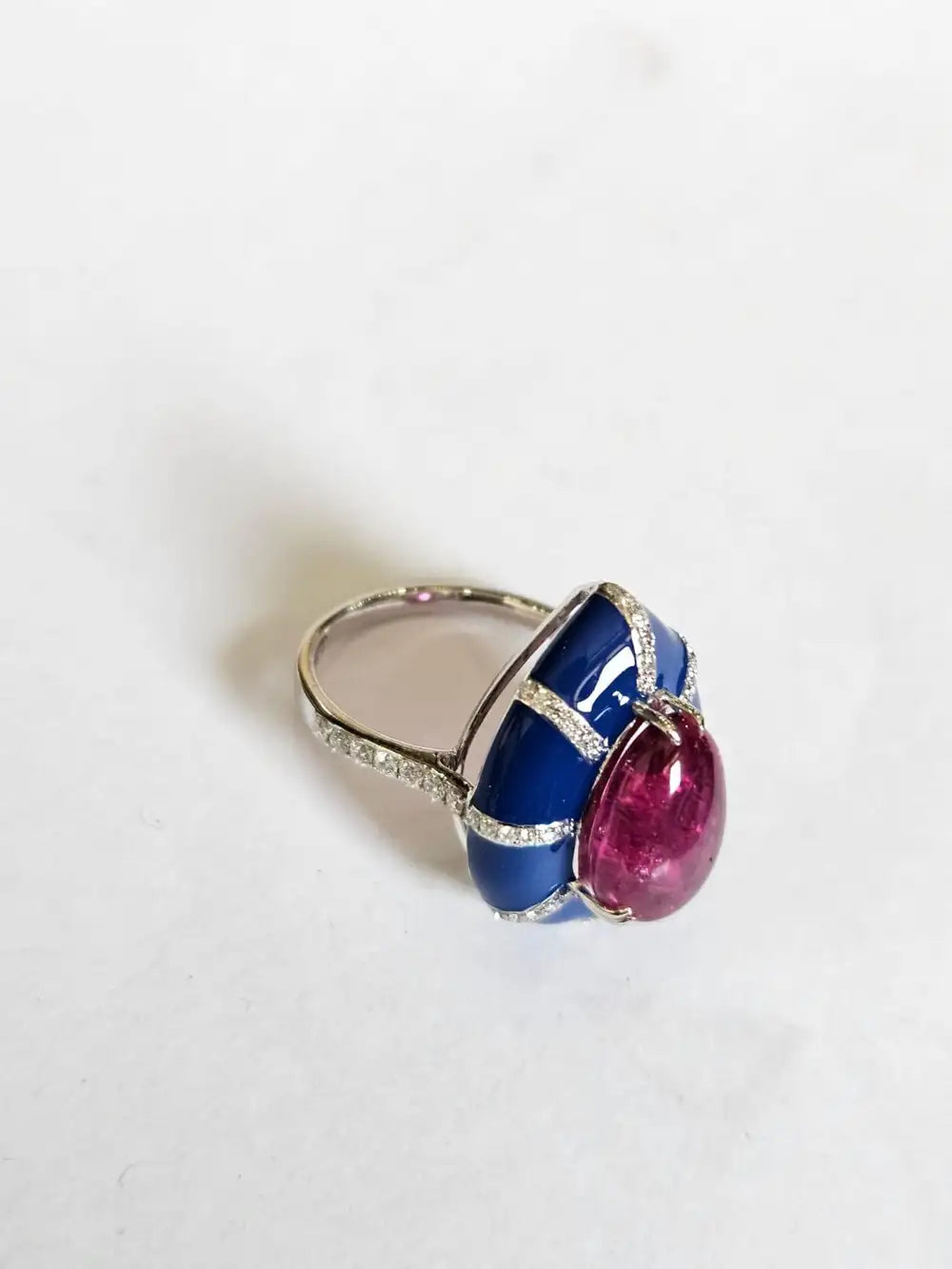 Natural Rubellite & Blue Enamel Ring - 18k White Gold Diamond Handmade Dome Ring