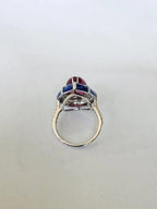 Natural Rubellite & Blue Enamel Ring - 18k White Gold Diamond Handmade Dome Ring
