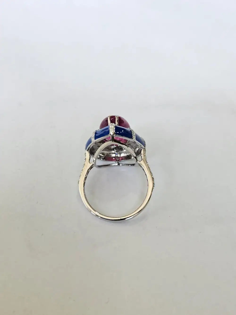 Natural Rubellite & Blue Enamel Ring - 18k White Gold Diamond Handmade Dome Ring