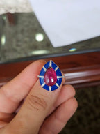 Natural Rubellite & Blue Enamel Ring - 18k White Gold Diamond Handmade Dome Ring