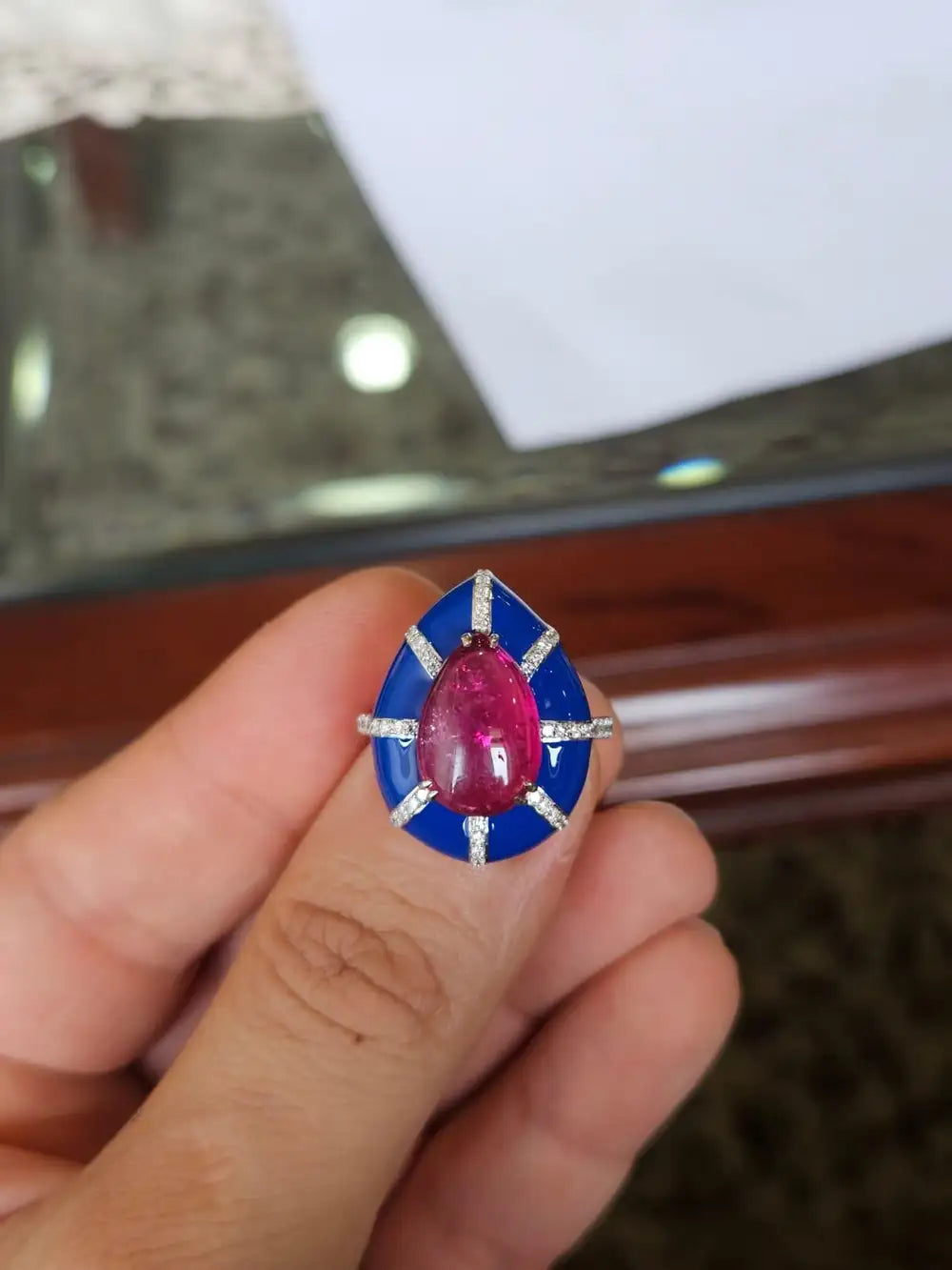 Natural Rubellite & Blue Enamel Ring - 18k White Gold Diamond Handmade Dome Ring