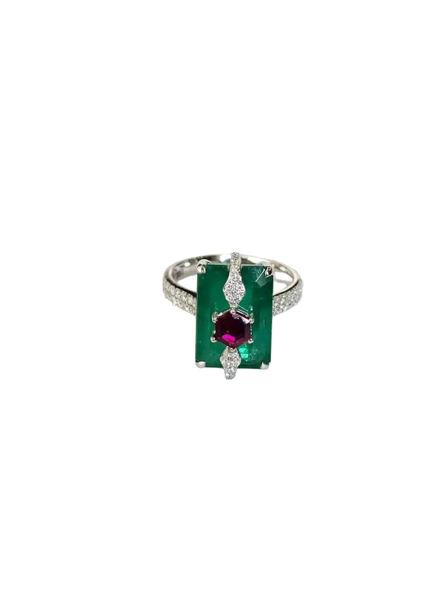 Natural Mozambique Ruby & Zambian Emerald Ring - 18k White Gold Diamond Ring Hover Image