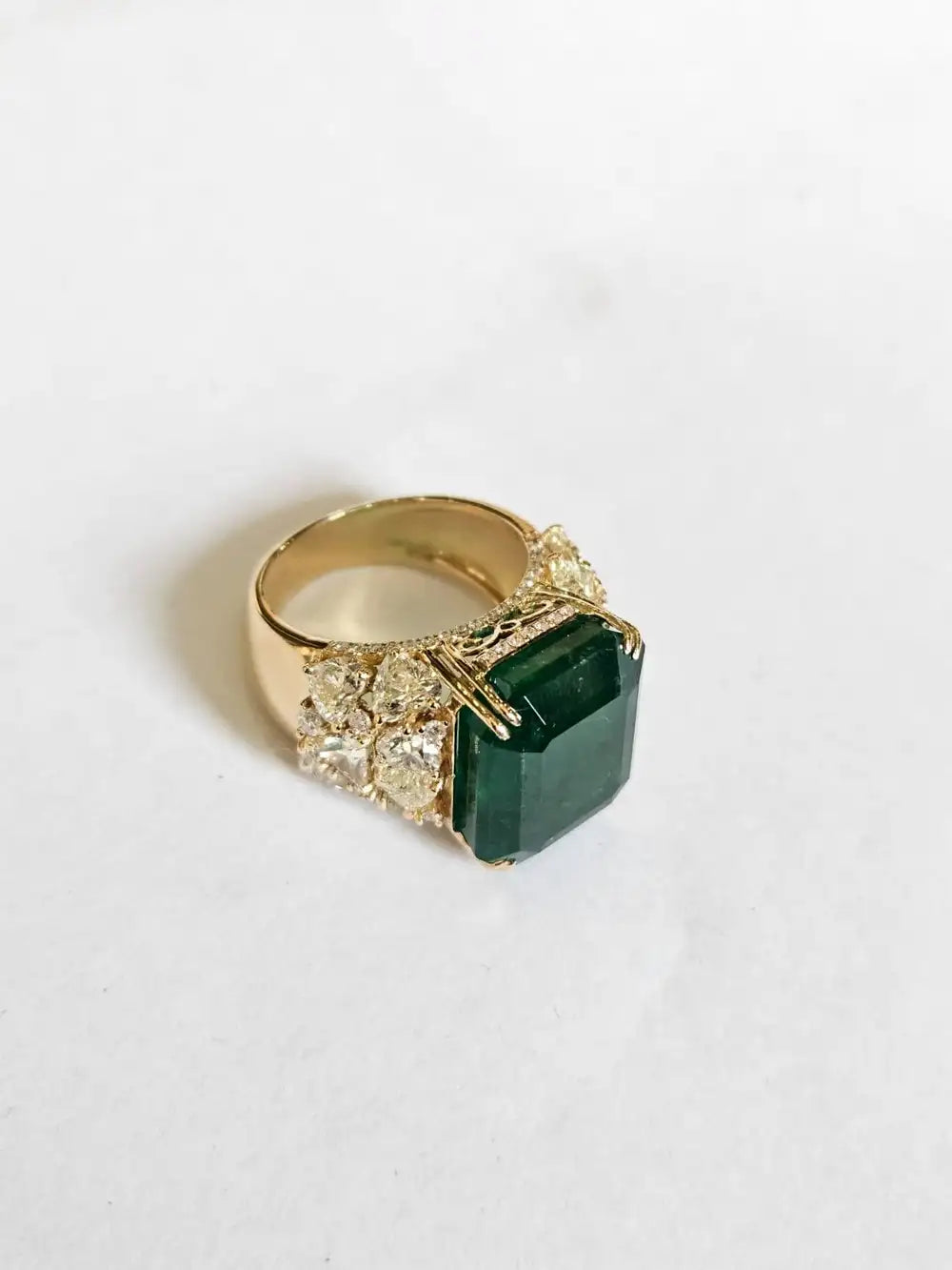 15.63 Ct. Zambian Emerald & Yellow Diamond Statement Ring - 18k Yellow Gold Handmade Ring
