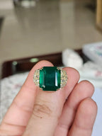 15.63 Ct. Zambian Emerald & Yellow Diamond Statement Ring - 18k Yellow Gold Handmade Ring
