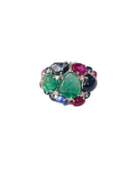 18k White Gold Diamond Cluster Ring - Natural Emerald, Ruby & Blue Sapphire Gemstone Ring
