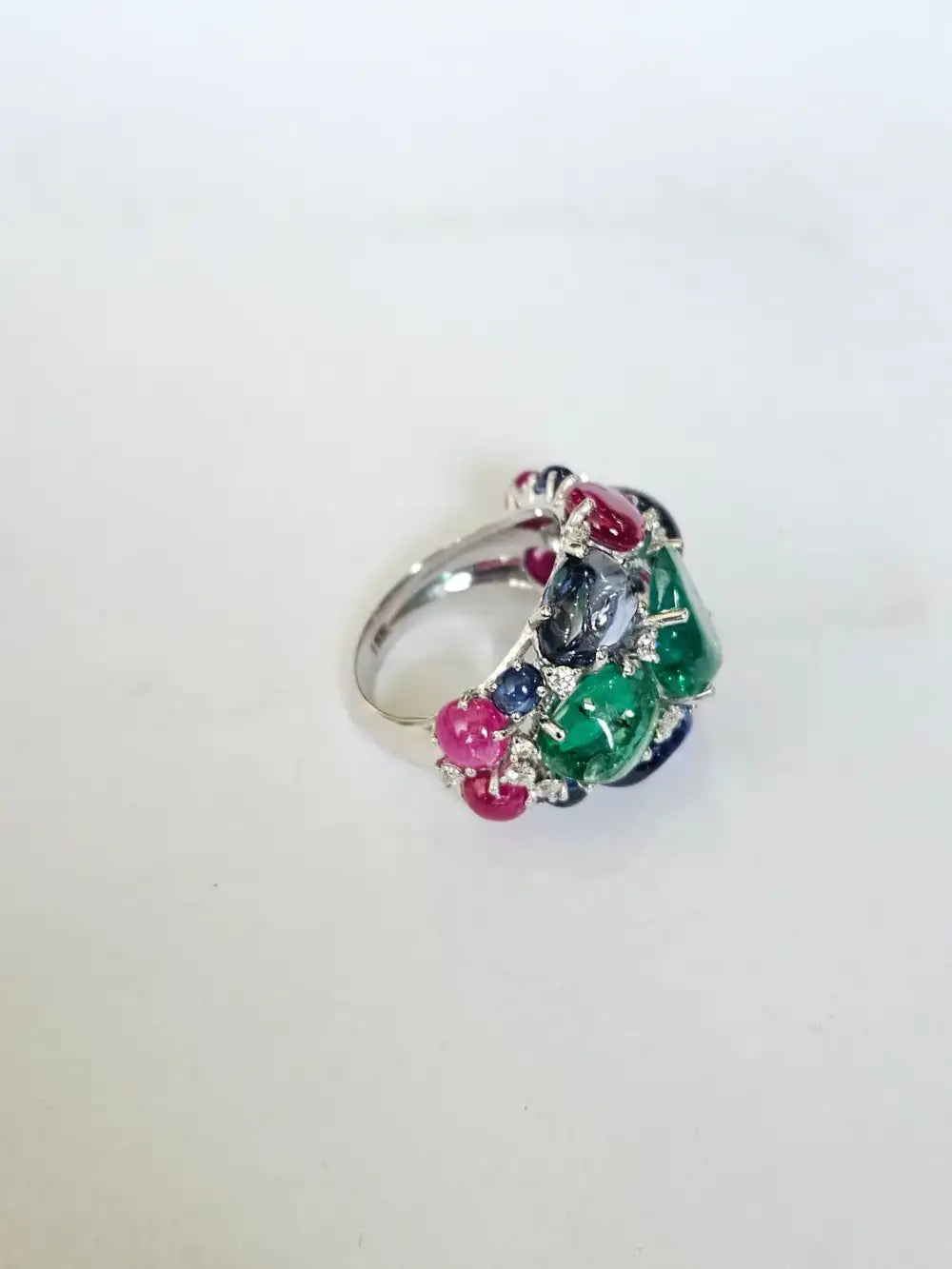 18k White Gold Diamond Cluster Ring - Natural Emerald, Ruby & Blue Sapphire Gemstone Ring