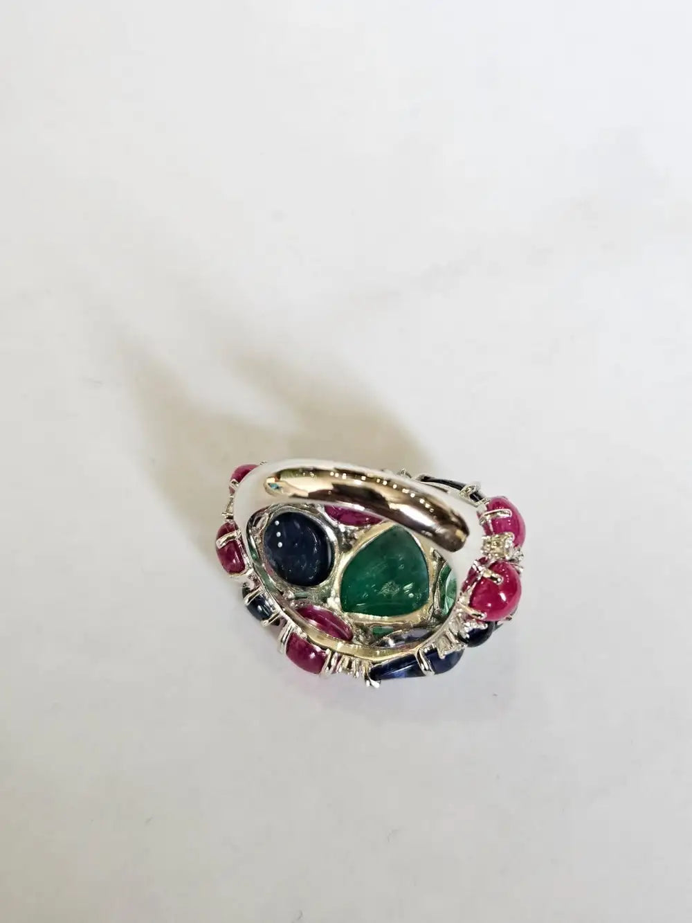 18k White Gold Diamond Cluster Ring - Natural Emerald, Ruby & Blue Sapphire Gemstone Ring