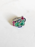 18k White Gold Diamond Cluster Ring - Natural Emerald, Ruby & Blue Sapphire Gemstone Ring