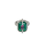 Zambian Emerald & Pink Sapphire Gemstone Ring - 18k White Gold Diamond Ring